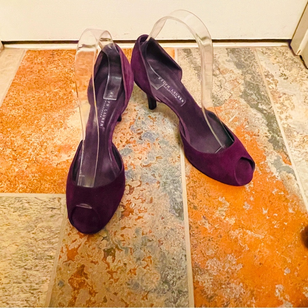 🍇Exquisite Ralph Lauren Purple/Brown D’Orsay, Peep Toe, Suede Heels!